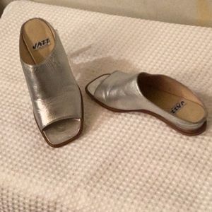 JAZZ silver color square toe slip on low wedge leather sandals size # 8.5 B.